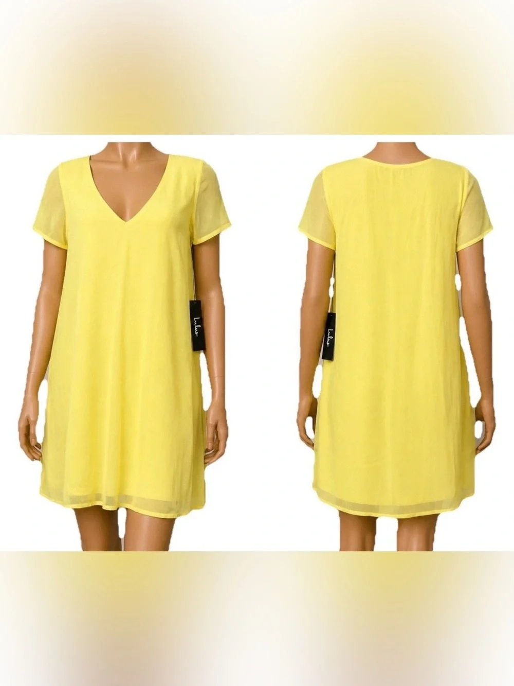 Lulu's Freestyle Yellow V-Neck Short Sleeve Chiffon Mini Shift Dress Size L NWT